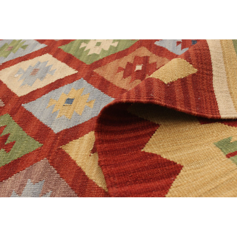 Kilim fabriqué à la main à motif géométrique en laine rouille/beige/vert Tapis décoratif, Rectangle 4 pi 1 po x 6 pi