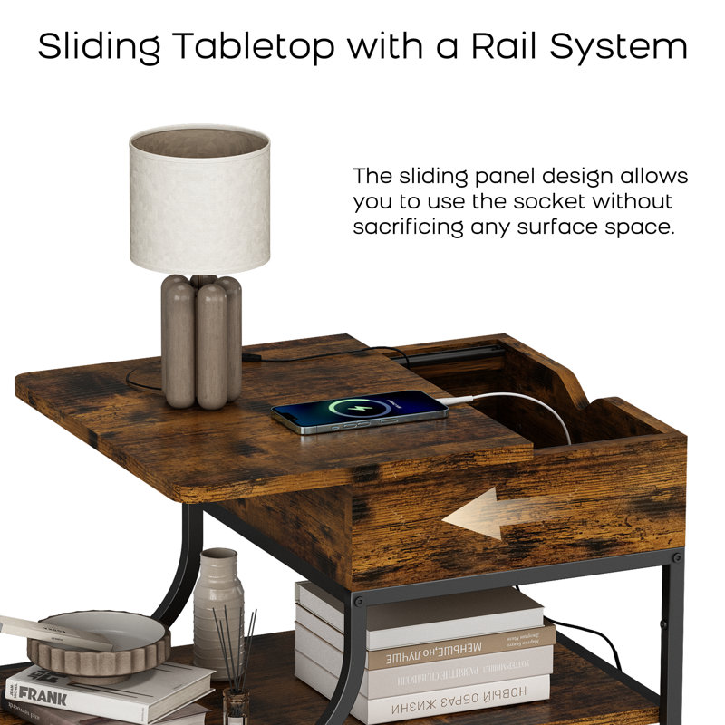 25.6'' End Table with Storage Space and Charging Station; 1 USB and 1 Type-C ports, 2 AC Power Outlets; Accommodates Common Cat House