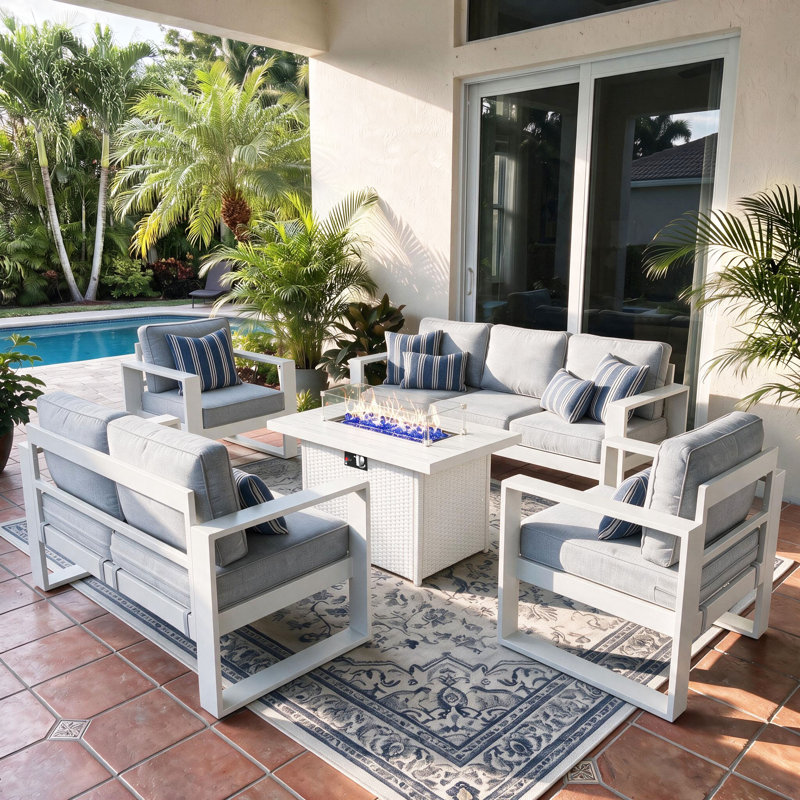 5 Piece Sofa Seating Group With Cushions, Light Gray/White