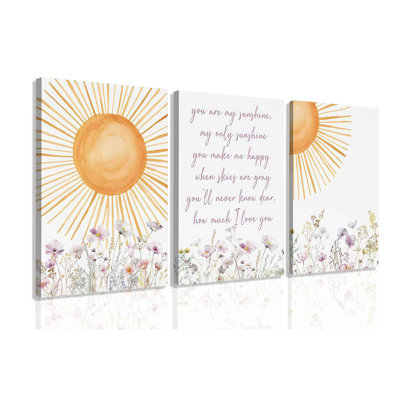 3Pcs Wildflower Nursery Canvas Wall Art Pieces You Are My Sunshine Quote Posters Prints Boho Sun Paintings For Neutral Nursery Room Decor Frame