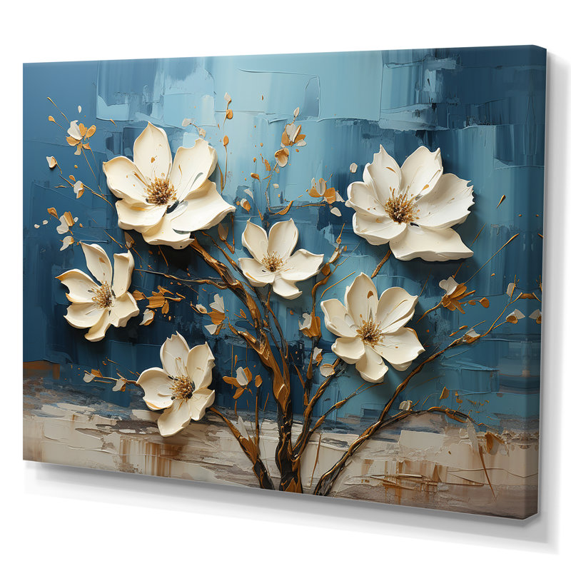 Orchidée bleue et blanche jardin de branches V - art mural floral abstrait, H 16 po x l 32 po x P 1 po, Toile tendue