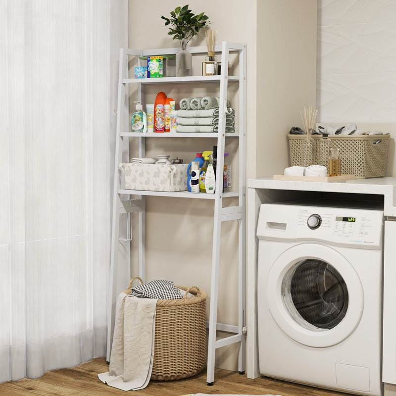 Ebern Designs Over the Toilet Storage 3-Tier Freestanding Bathroom Organizer Shelf w/ 2 Hanging Hook, White