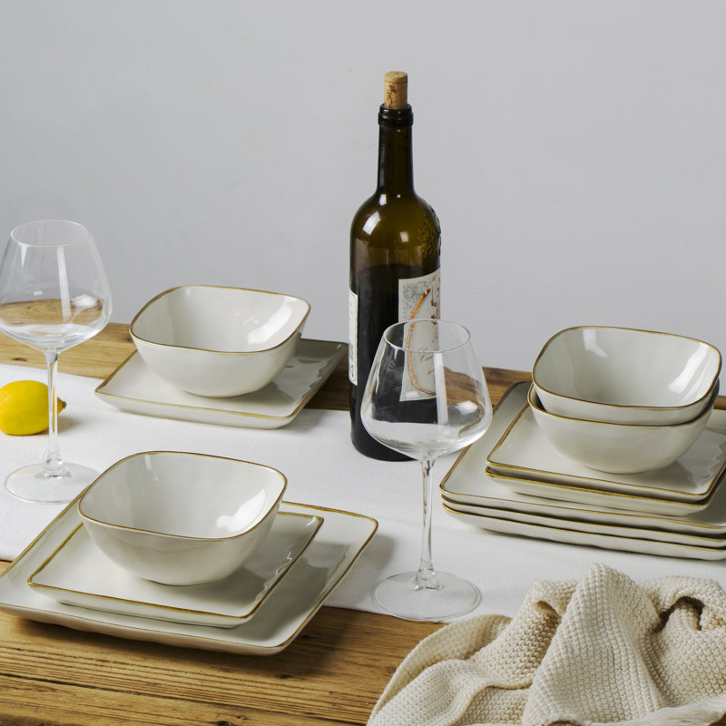 Services de vaisselle en grès, ensemble de vaisselle 24 pièces, Blanc