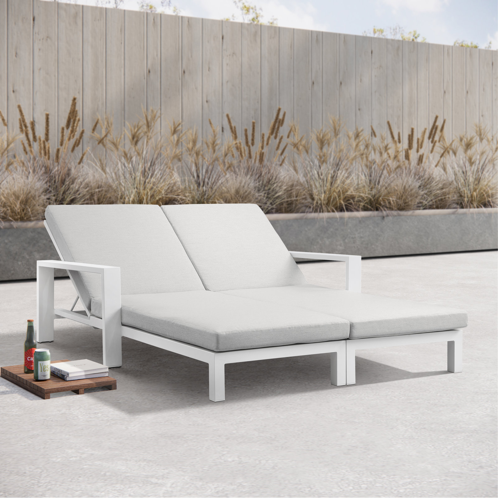 Hoyt 63" Patio Double Chaise Lounge, Snow White, Light Gray