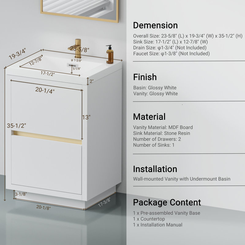 Meuble-lavabo sur pied 24 po avec lavabo, Blanc lustré