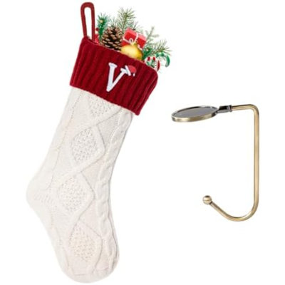Christmas Stockings With Initials, Letter C Embroidered Xmas Stocking, 18" Large Monogram Knitted Xmas Stocking, Christmas Party Fireplace Family Hanging Stocking Decoration 1Pcs White-Green