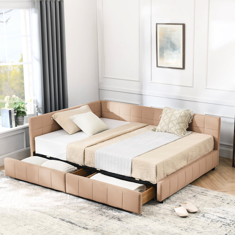 Lit de jour confortable et pleine grandeur avec rangement - Cadre de lit rose en velours pour salon de chambre à coucher avec accoudoirs