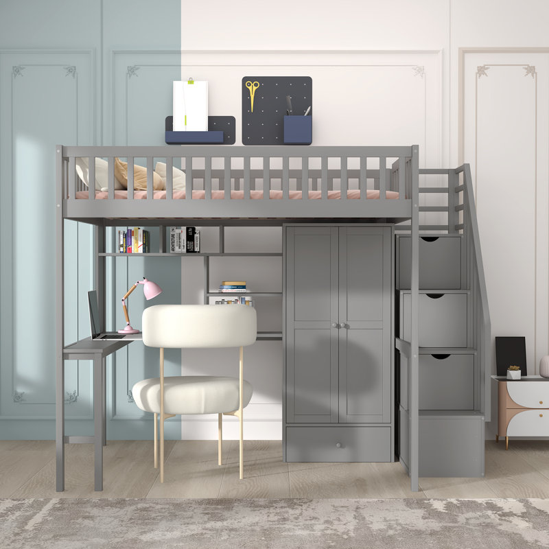 Lit mezzanine double avec bureau intégré Heartlee, gris