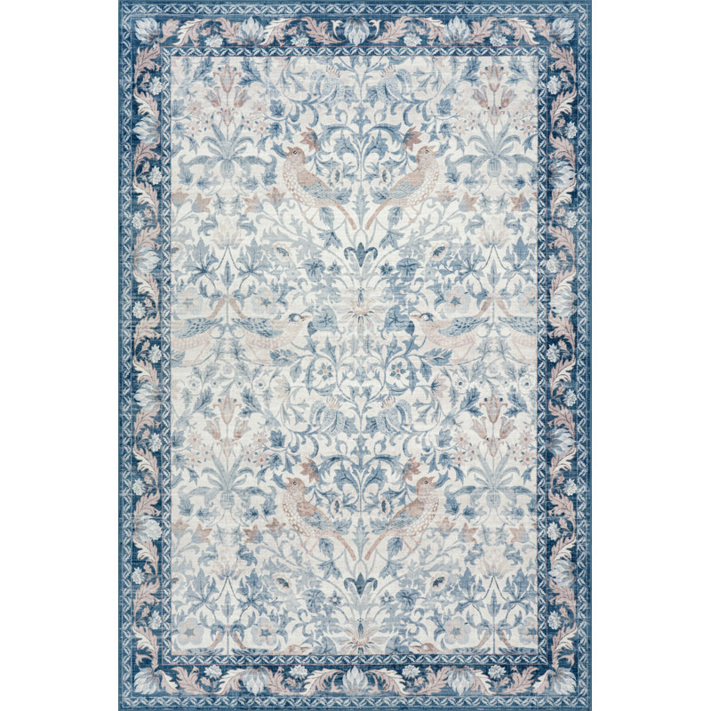  Audessa Floral & Paisley Washable Rug, Blue, Rectangle 5' x 7'
