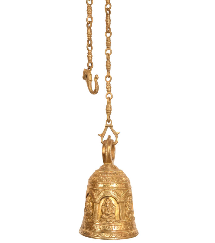 Handcrafted 9" Brass Temple Ceiling Bell with Lakshmi Ganesha Durga Deities - Traditional Indian Spiritual Hanging Decor with Chain 9"H x 5"W x 5"D