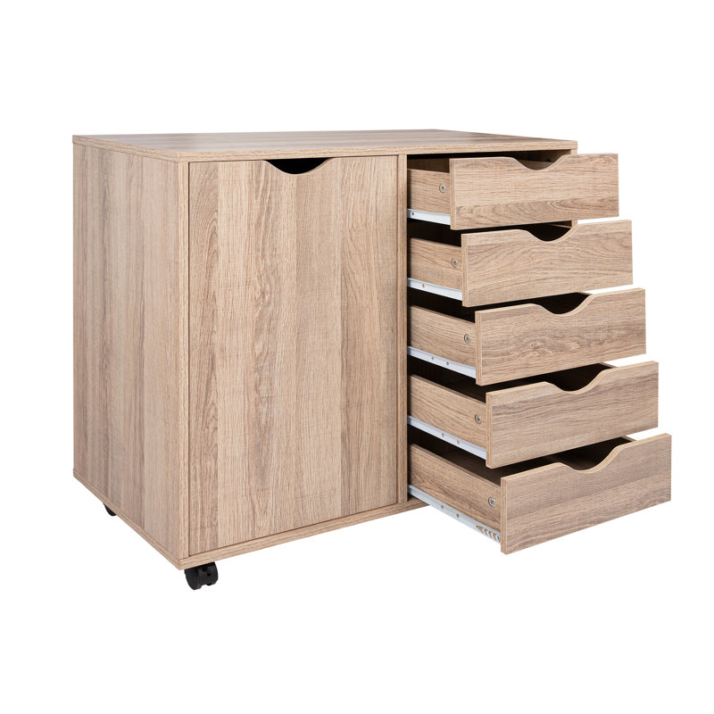 5-Drawer Office File Cabinet with Wheels – Wood Storage Cabinet & Drawer Dresser for Documents, Supplies & Clothes, Space-Saving Rolling Organizer for Home Workspace