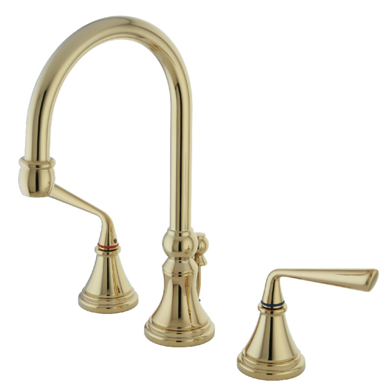 Kingston Brass Silver Sage Two-Handle 3-Hole Deck Mount Widespread Bathroom Faucet with Brass Pop-Up Drain, Polished Brass