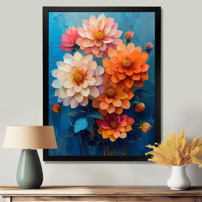 Dahlia mauve orange sur fond bleu III - Dahlia Wall Art Living Room