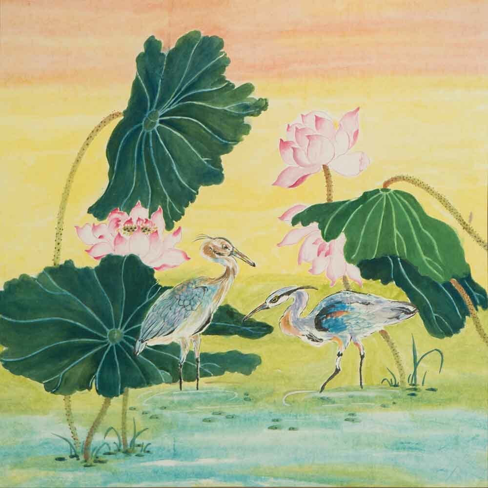 Chinese Painting of Herons Wall Scroll Set