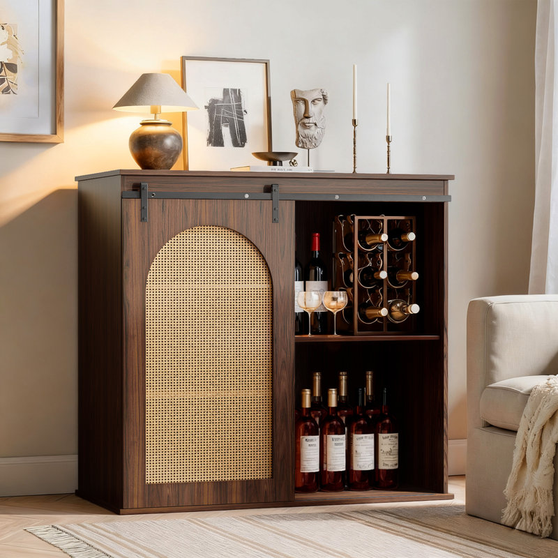 43" Farmhouse Dark Brown Wood Bar Cabinet With Storage For 101 Can Mini Fridge Sideboard Buffet Storage Cabinet With Adjustable Shelves And Rattan Sliding Doors