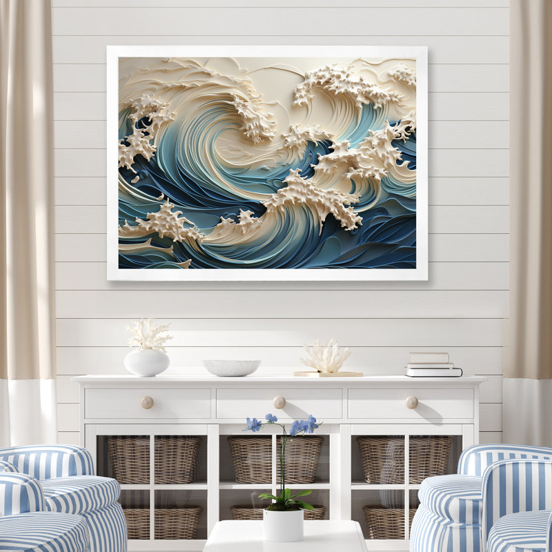 «White and Blue Wave Papercut Style III - Coastal Waves», reproduction d'art sur toile Wave (sans textures), Cadre blanc