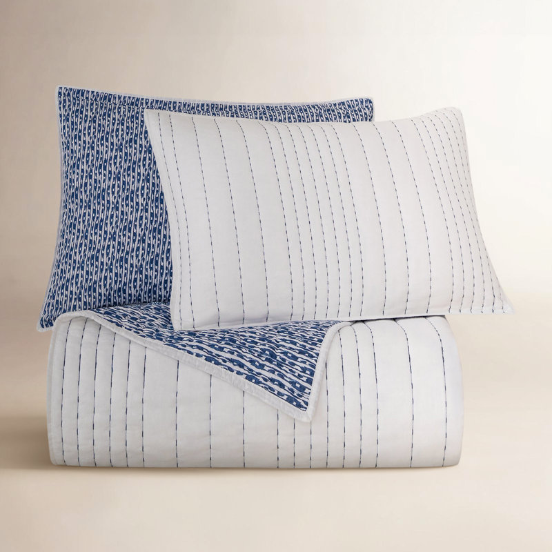 Ensemble de courtepointe réversible Indigo Staccato, Courtepointe très grand et 2 très grandes taies
