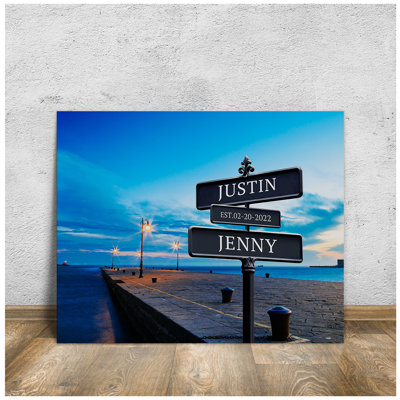 Personalized Street Sign Canvas Wall Art with Custom Names & Date – Blue Sky Background, Romantic Couples Gift for Wedding or Anniversary