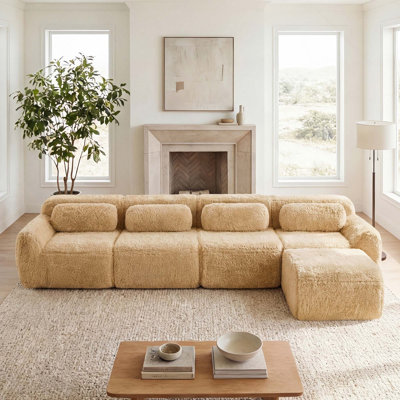Canapé modulaire ergonomique à 4 places en tissu moelleux doux et moelleux avec coussins décoratifs et 1 repose-pieds pour le cinéma maison