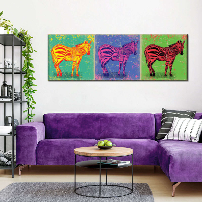 Zèbres de couleur rétro sur toile, H 15 po x l 45 po x P 1,25 po