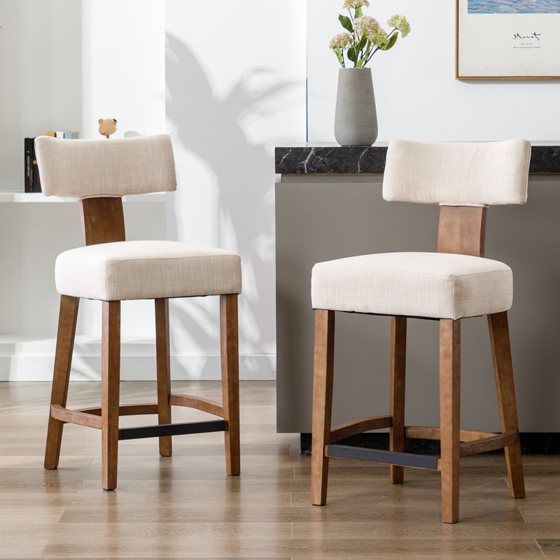 Mid Century Modern Bar Stools Farmhouse Upholstered Chairs With Curved Backrest Kitchen Bar Chairs, Beige