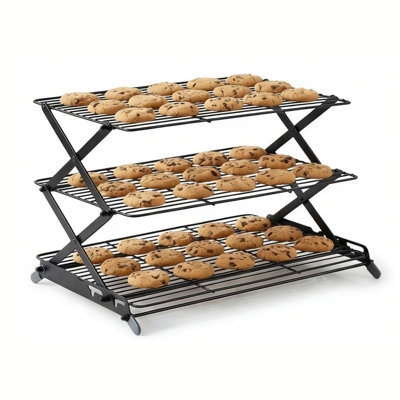 3-Tier Collapsible Cooling Rack - Adjustable & Stackable Wire Baking Rack With Stable X-Leg Design, Space-Saving Cooling Racks For Cooking, Baking Cookies, Cakes, Roasting & Drying (Black)