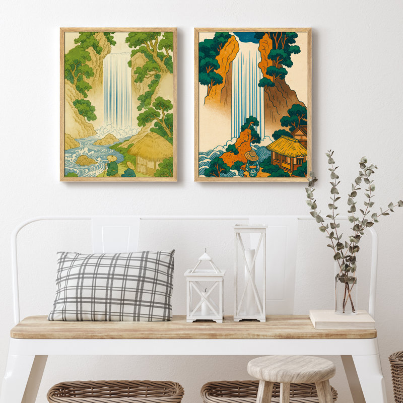 Ensemble de 2 reproductions d'art japonais en cascade de paysage japonais - ensemble de 2 pièces encadrées de style Ukiyo-e traditionnel pour un décor de salon d'inspiration asiatique