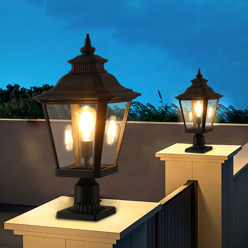 21"(H) Outdoor Post Lantern Light – Vintage Black Metal & Clear Glass Pillar Lamp For Garden, Gate, Driveway, And Pathway Lighting With Elegant Design (Bulb Not Included)