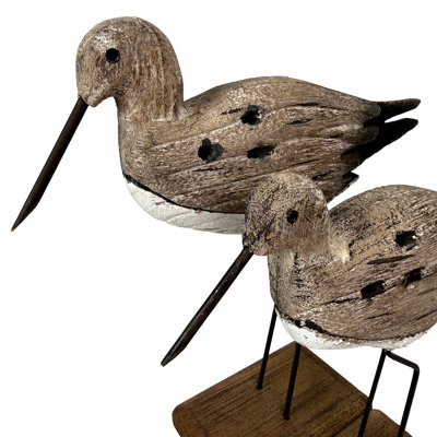 Coastal Beige, White and Dark Brown Wood and Metal Bird Statues, Set of 2, 10.75 Inches High