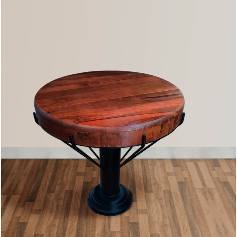 Table de bout ronde de 26 po fabriquée à la main avec base en bois de manguier et piédestal