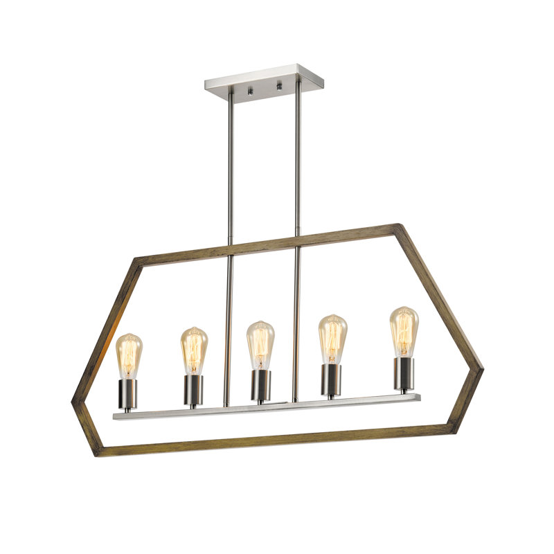 Luminaire suspendu linéaire à 5 lumières pour îlot de cuisine Blythdale, Bois brun / chrome