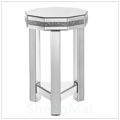 Mirrored Octagon End Table with Crystals Inlay, 2-Tier Modern Small Sofa Table with Storage for Living Spaces