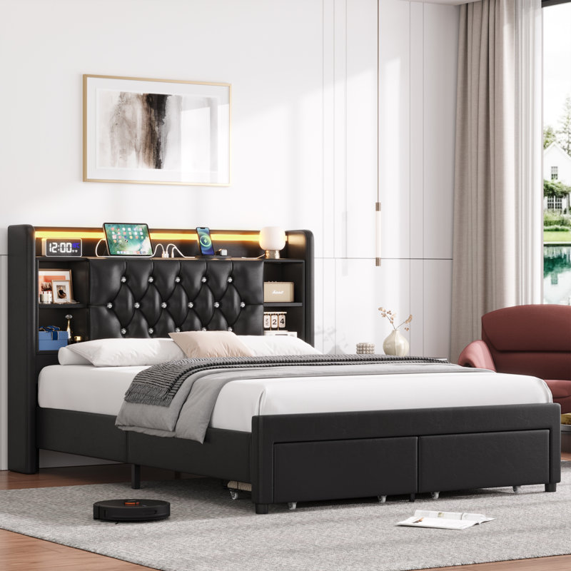 Lit plateforme tapissier, cadre de lit à DEL avec charge intelligente, tête de lit avec rangement, Lit double, Noir