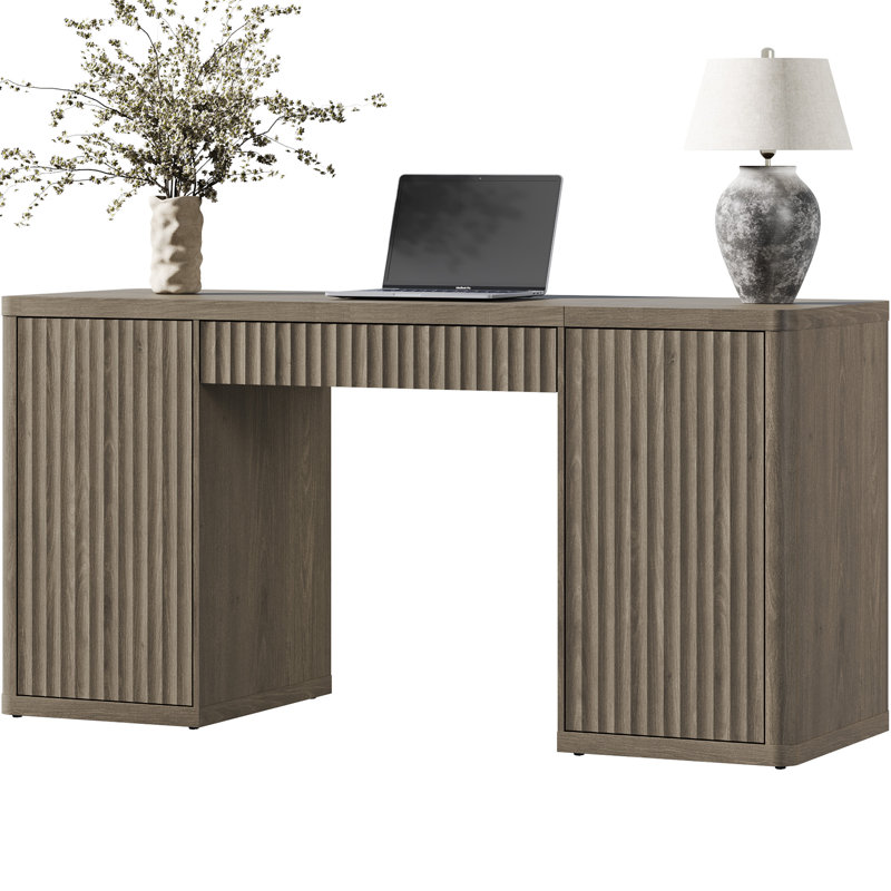 Cesiro 61" Fluted Writing Desk With Drawer And Cabinets, Gray, Set Of 1 