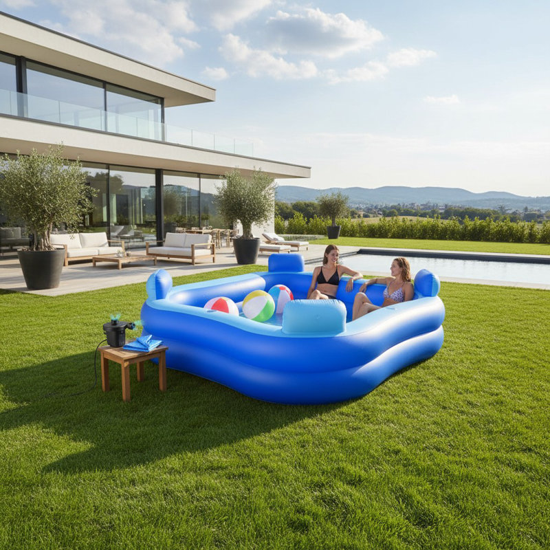 Piscine gonflable avec sièges et appuis-tête | Parc aquatique bleu 96 * 96 * 24 pouces pour les activités de plein air