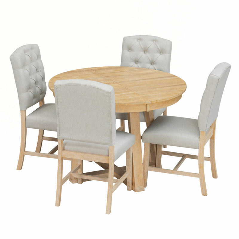 Ensemble de salle à manger 5 pièces avec table ronde, rallonge de 16 po et 4 chaises rembourrées, Natural