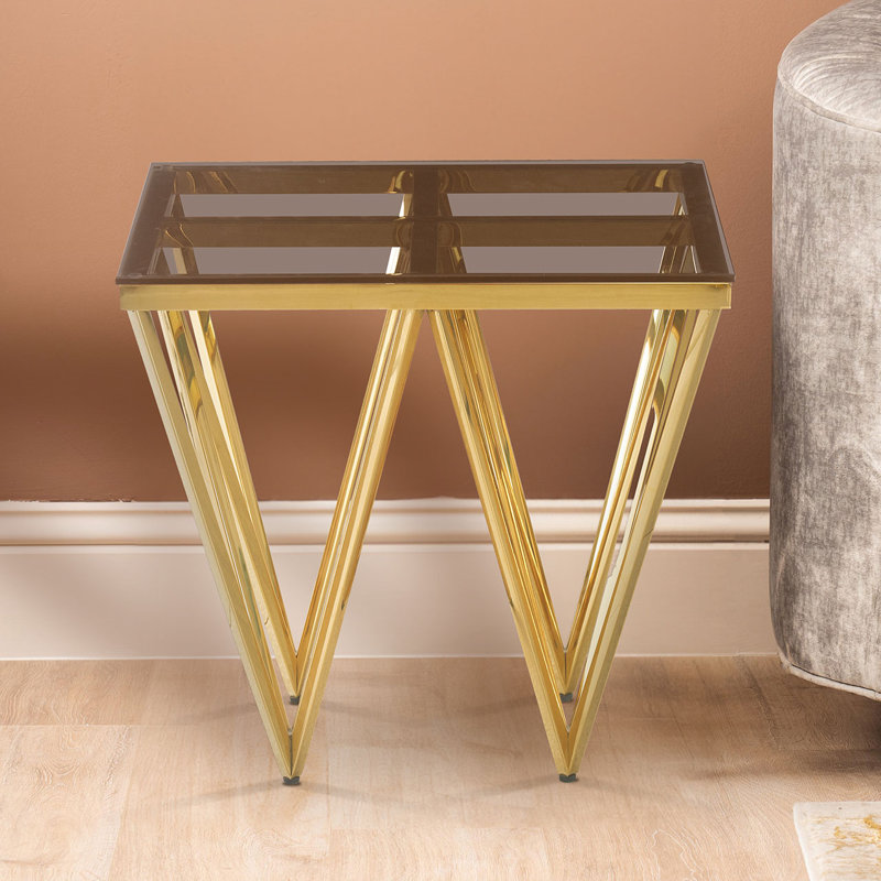 Sofa Side Table for Living Room Furniture, Metal Stainless Steel End Table with Smoke Glass Top