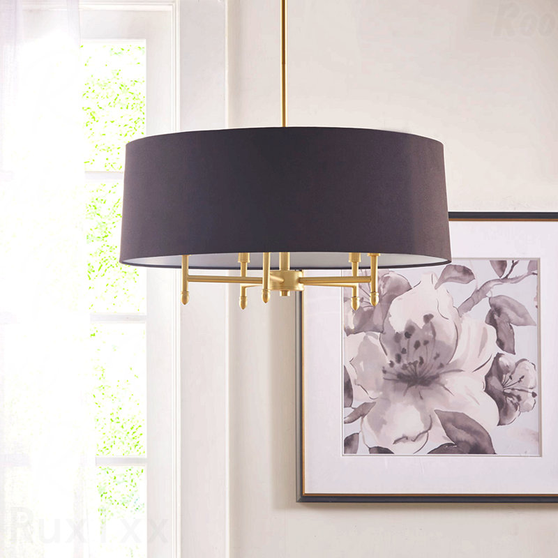 Lustre - configuration 5 lumières, abat-jour tambour, Noir