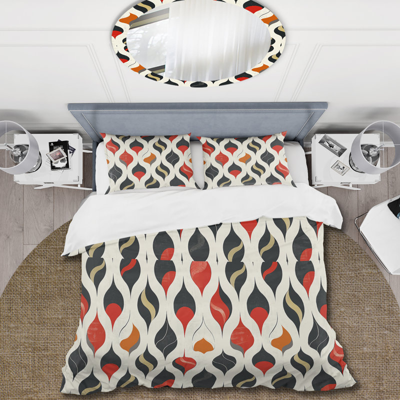 Ensemble de housse de couette Red Ogee Print - Midcentury, Housse de couette très grand + 2 taies décorativ