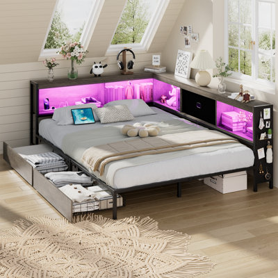 LED Full Size Corner Bed With Charging Station And 2 Drawers Teen Bed With Bookcases