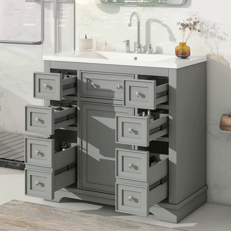 Ensemble de meuble-lavabo 36 po avec lavabo, une armoire et six tiroirs, bois massif et panneau de fibres à densité moyenne
