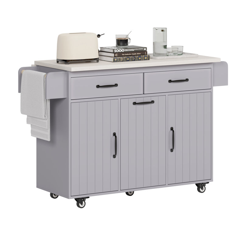 Kitchen Island with Trash Can Storage Cabinet, Kitchen Cart with Drop Leaf, Spice Rack, Towel Rack and Drawer, Rolling Kitchen Island on Wheels with Adjustable Shelf, Grey