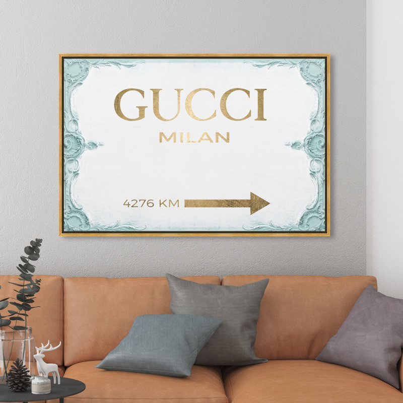 «Milan Sign Aqua», art textuel sur toile, H 36 po x l 54 po, Encadrement doré