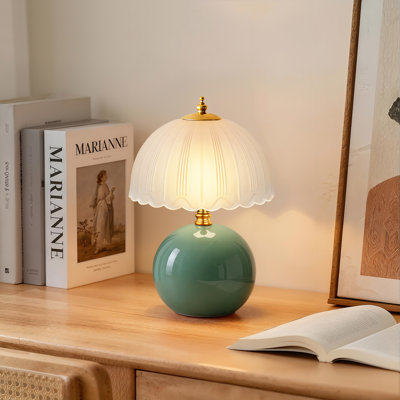 11.8" Ceramic Table Lamp, Bedside Lamp with Glass Shade, 3-Way Lighting Rocker Switch, Small Nightstand Lamp for Bedroom, Living Room, Office