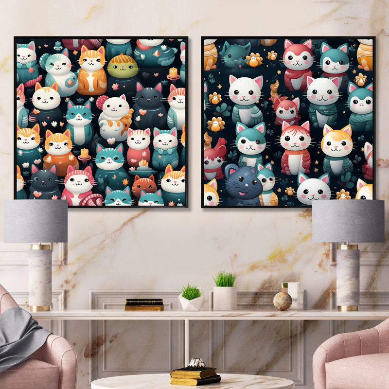 Maneki Neko Lucky Cat For Kids - animaux, ensemble de 2 collages carrés, Cadre flottant noir, H 16 po x l 33 po