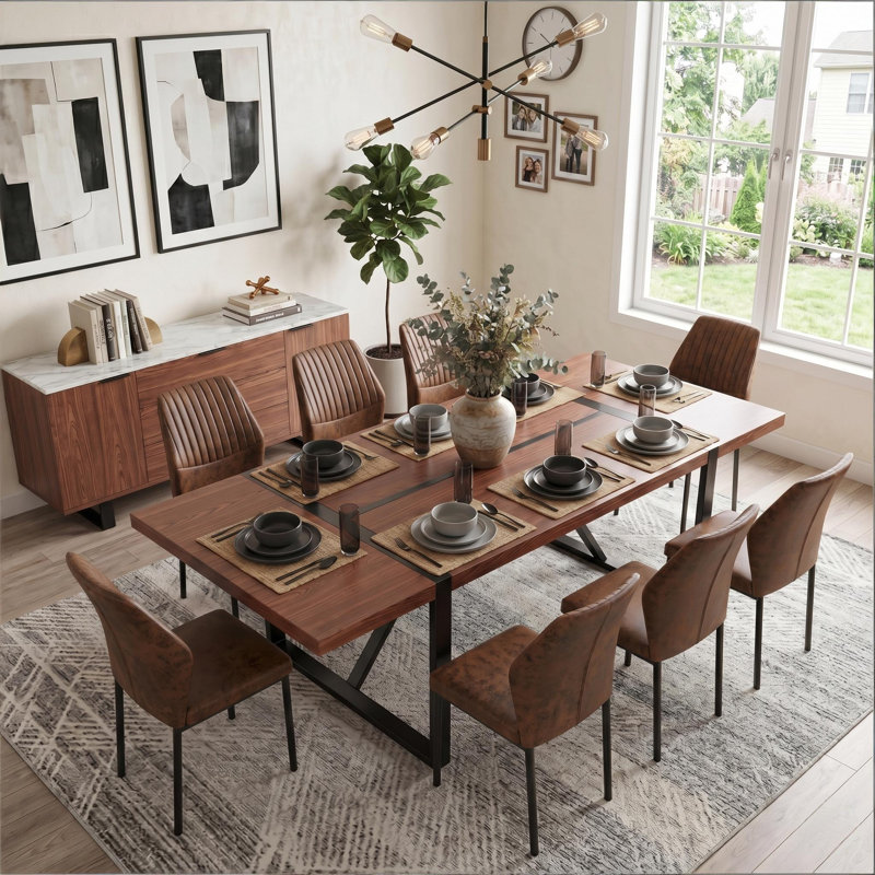 Ensemble de salle à manger 87 po Farmhouse, 9 Pieces: Table, 8 Chairs, Noyer, Brown