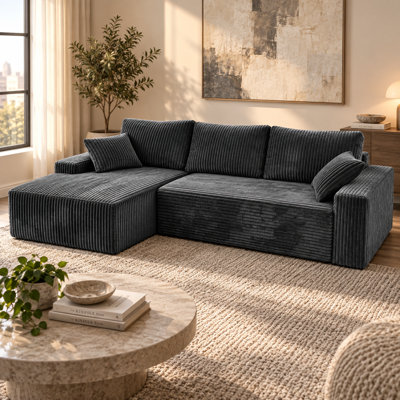 96" Modern Modular Boneless L-Shaped Sofa, Corduroy Compressed Couch with Left-Facing Chaise, No Assembly Required, Gray