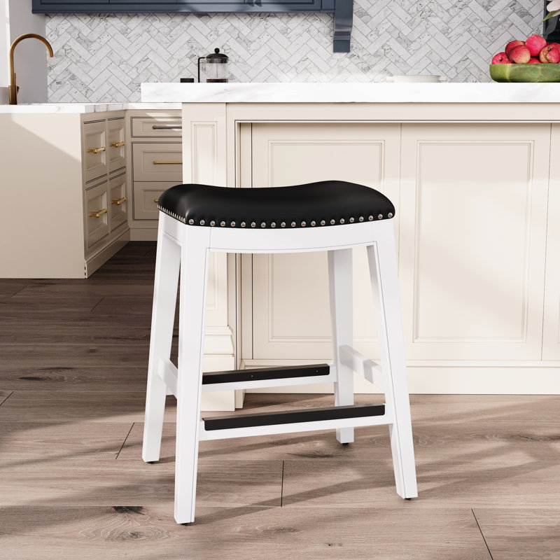 Tabouret de comptoir de 24 po au fini blanc et cuir noir - siège moderne et confortable, Noir, Blanc