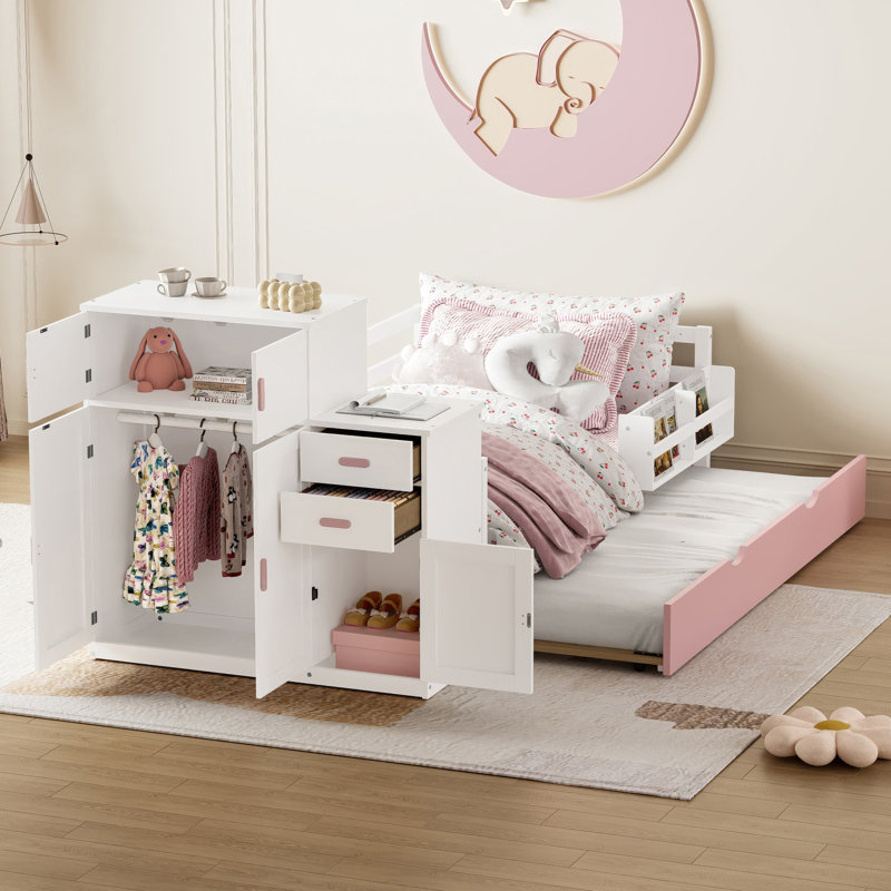 Twin Size Wood Platform Bed with Sample Bookshelf and Movable Wardrobe, Multifunctional Bed with Built-in Trundle Bed, Pink