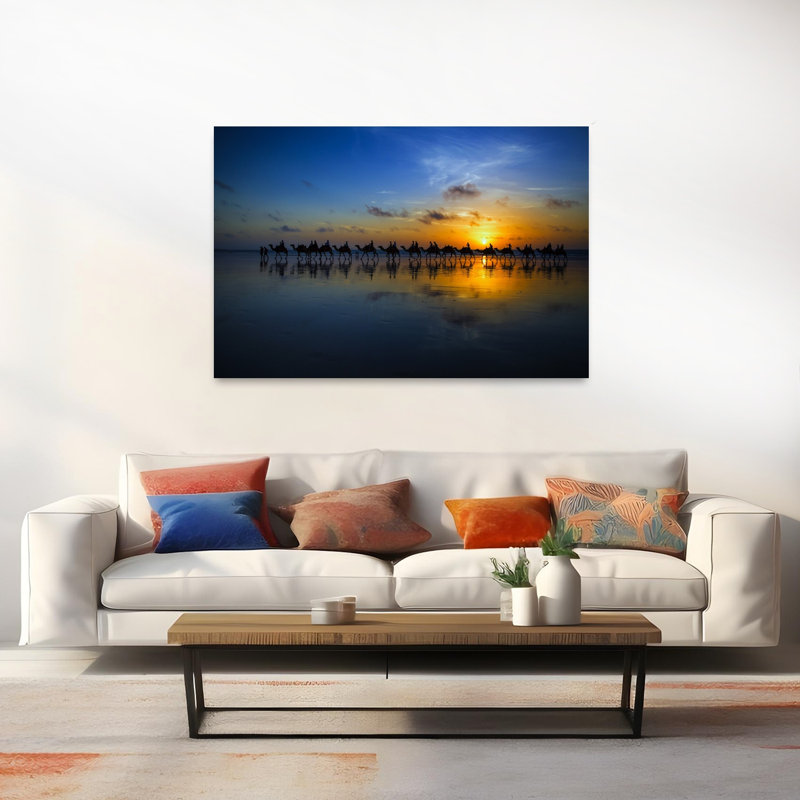 Camels On Sunset Beach Peaceful Serene Tranquil Beach Landscape Wall Art Print by Louise Wolbers - Print